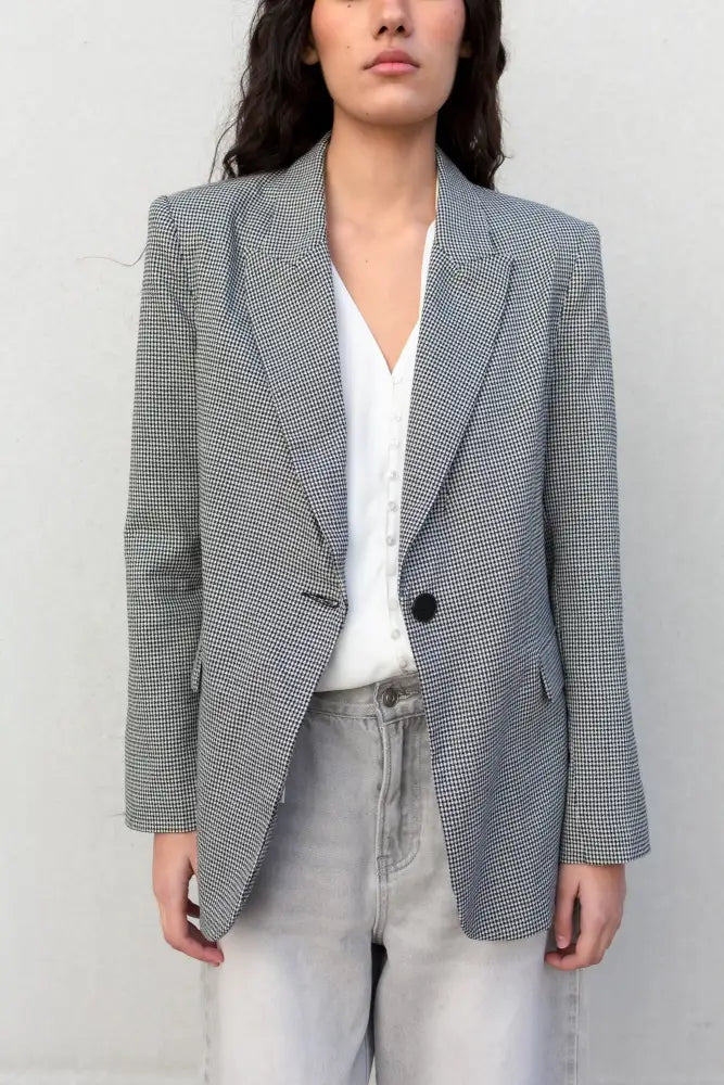 Veste pied-de-poule femme gris et blanc avec bouton noir, blazer pied-de-poule femme