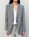 Veste pied-de-poule femme gris et blanc avec bouton noir, blazer pied-de-poule femme