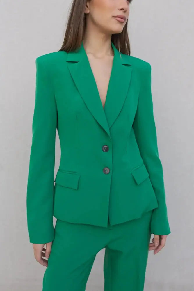 Blazeur tailleur femme vert émeraude à deux boutons avec pantalon assorti