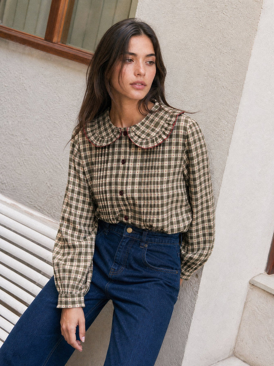 Blouse à carreaux kaki à col Claudine