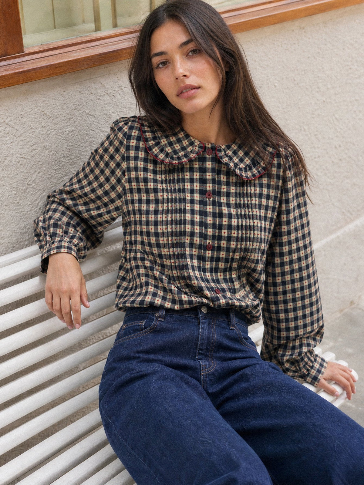 Blouse à carreaux marine à col Claudine