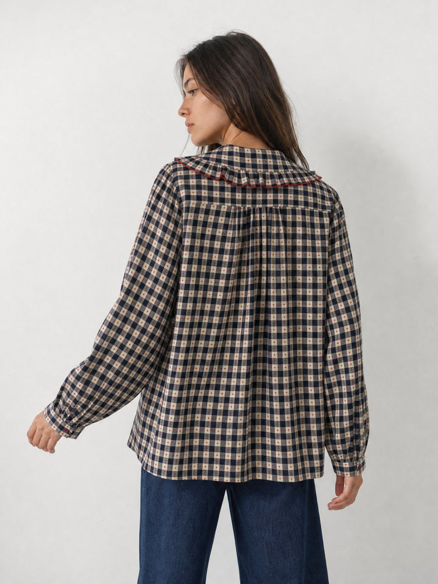 Blouse marine à carreaux vue dos col Claudine