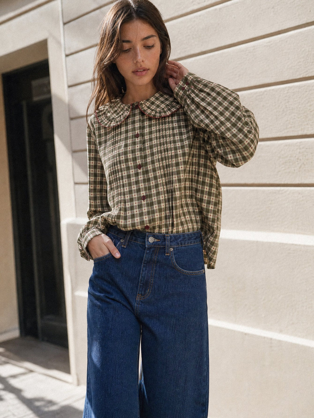 Blouse kaki à carreaux manches longues