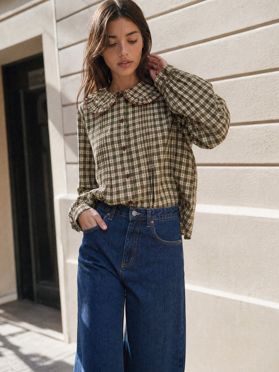 Blouse kaki à carreaux manches longues