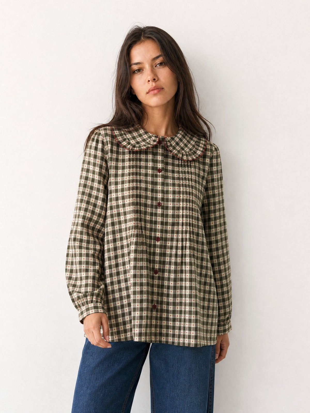 Blouse kaki à carreaux coupe droite col Claudine