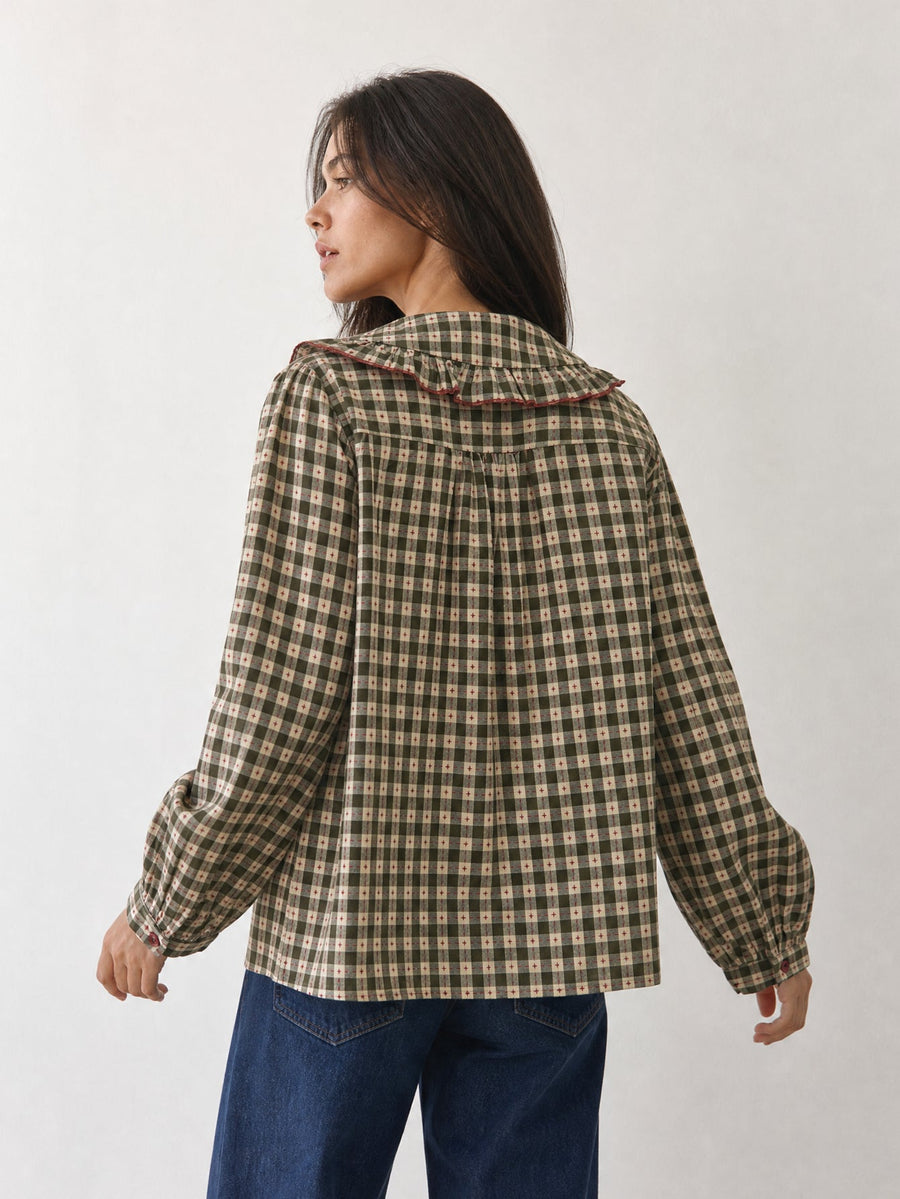 Blouse kaki à carreaux vue dos col Claudine