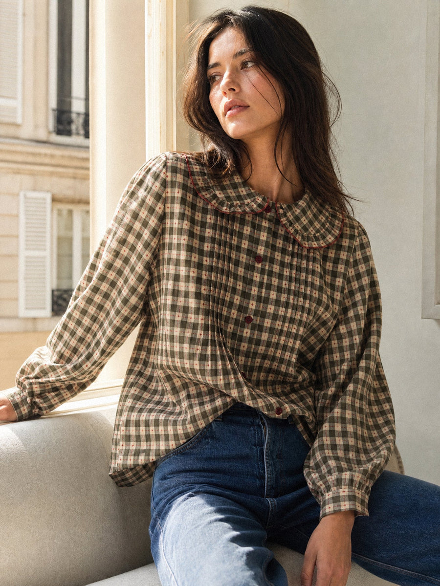Blouse en coton kaki à carreaux