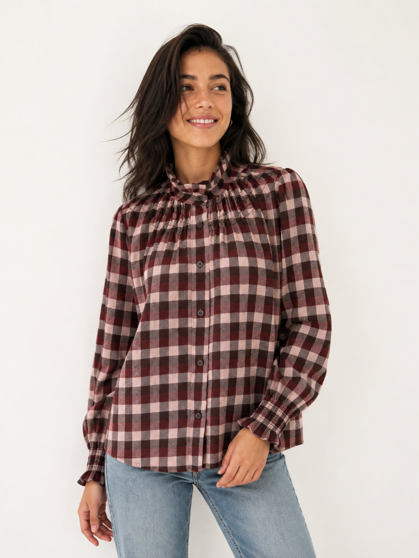 Blouse à carreaux col volanté