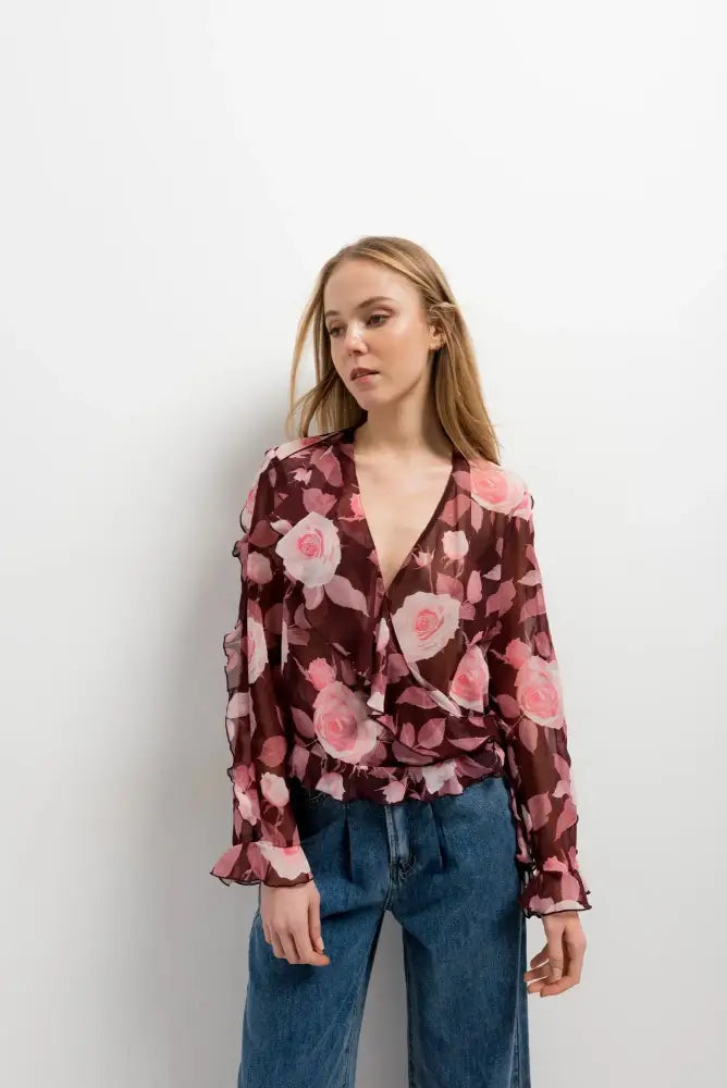 Blouse à volants imprimée florale pour femmes avec col en V et poignets à volants