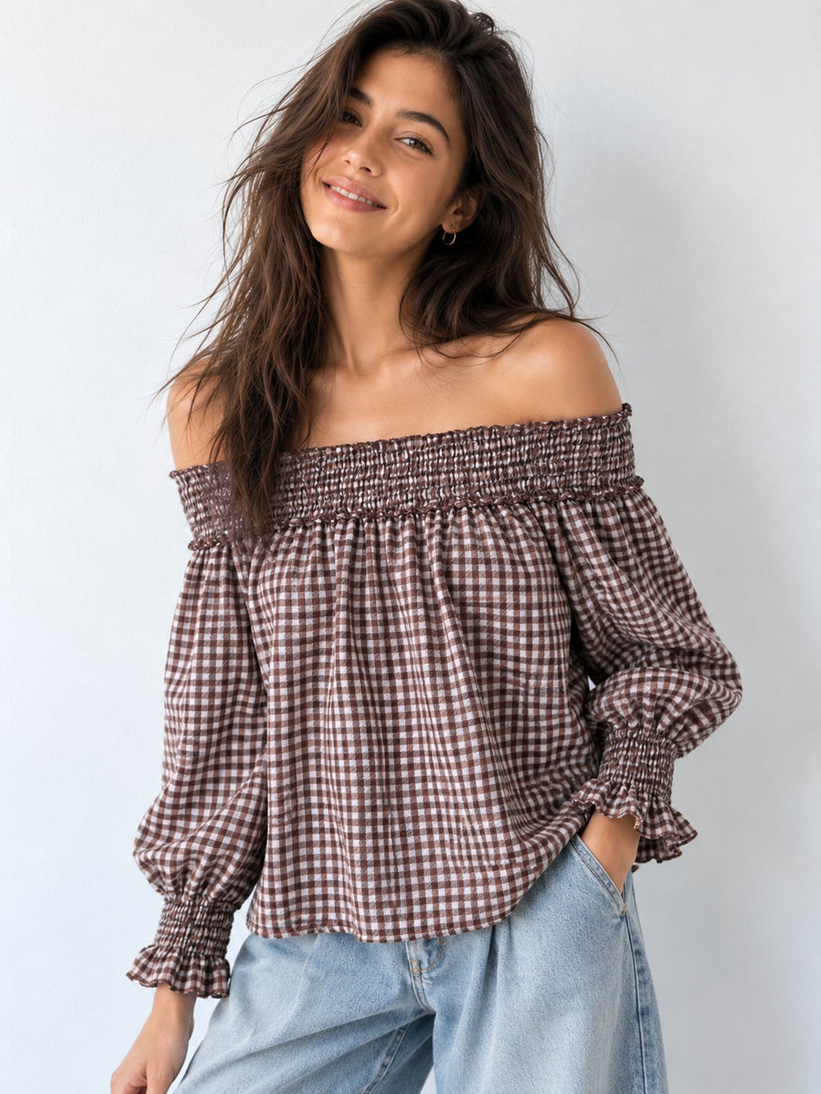 blouse Bardot vichy marron