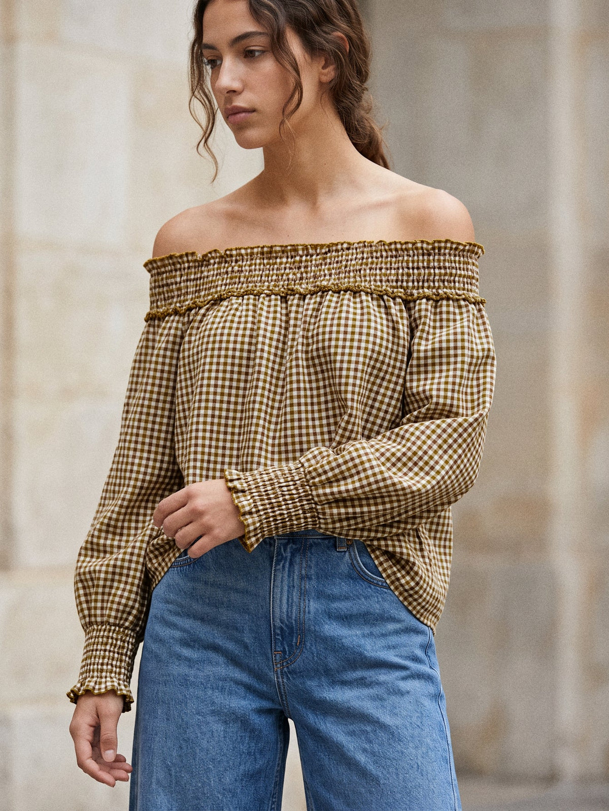 Blouse Bardot vichy poignets smockés