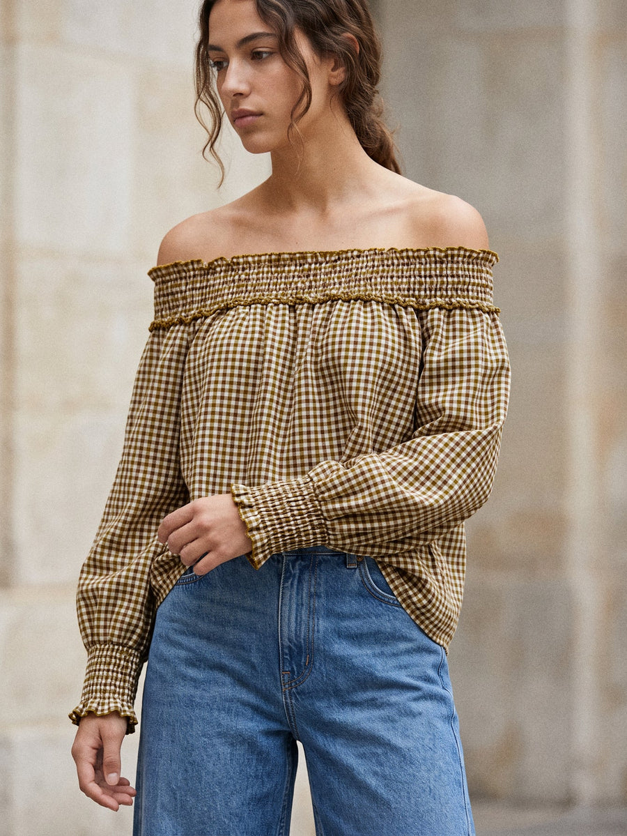 Blouse Bardot vichy poignets smockés