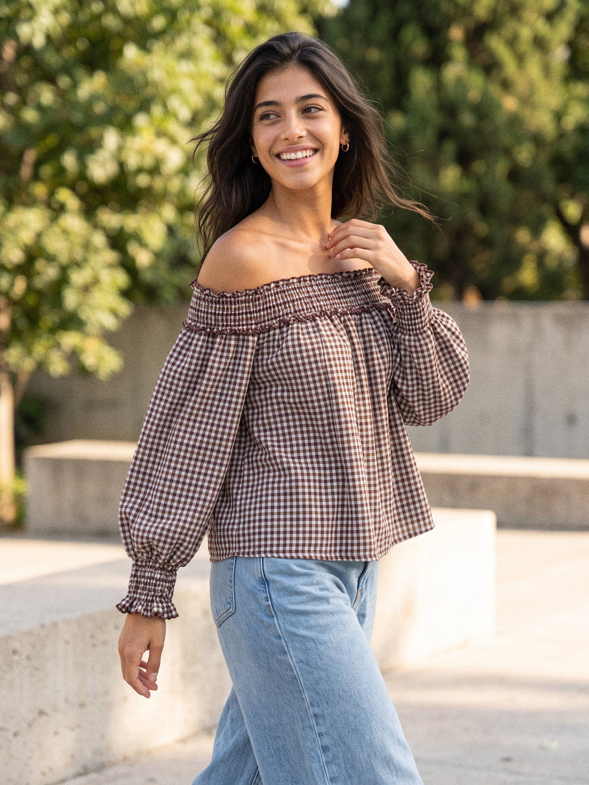 Blouse vichy marron à manches bouffantes