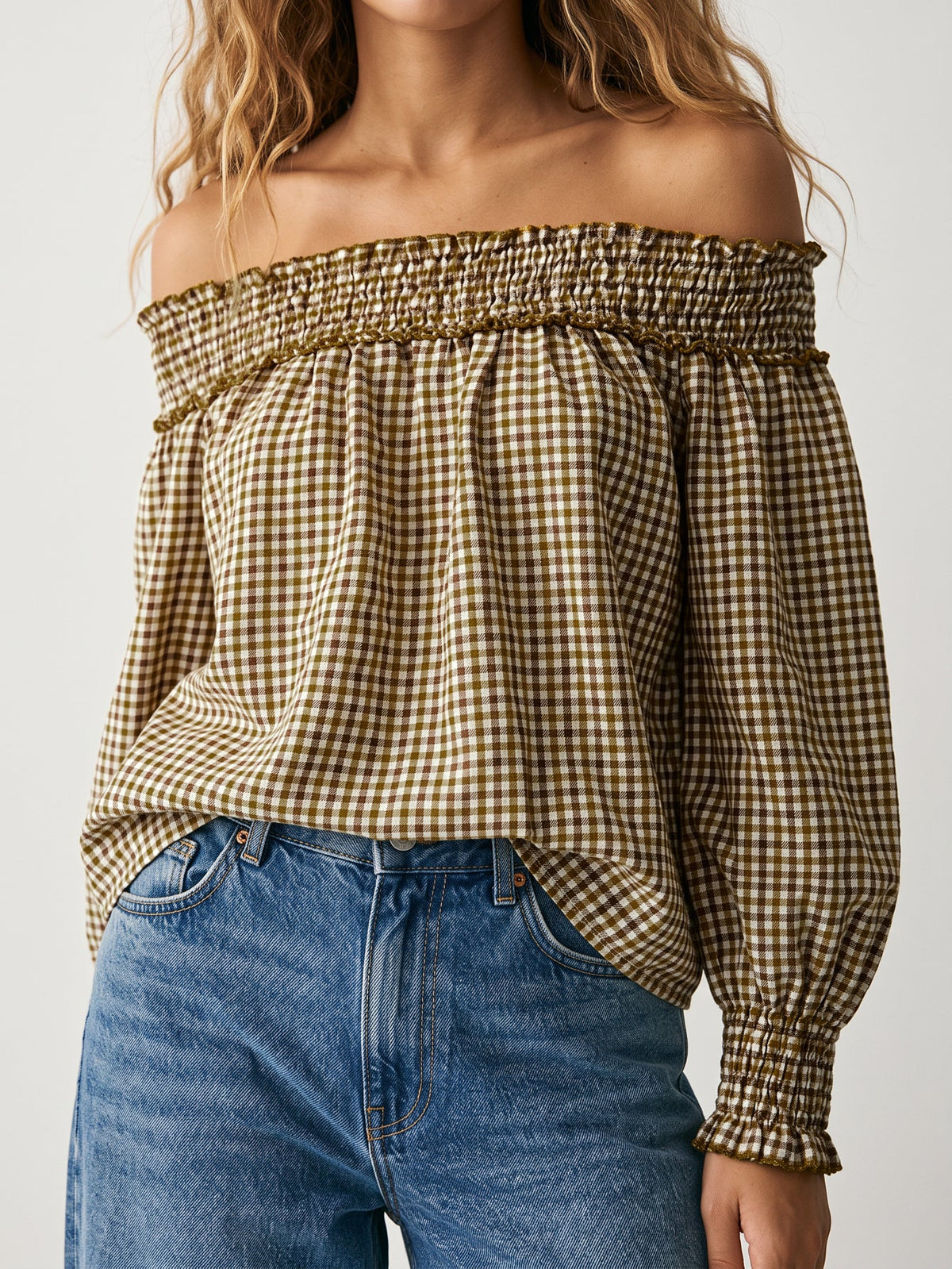 Blouse Bardot vichy moutarde
