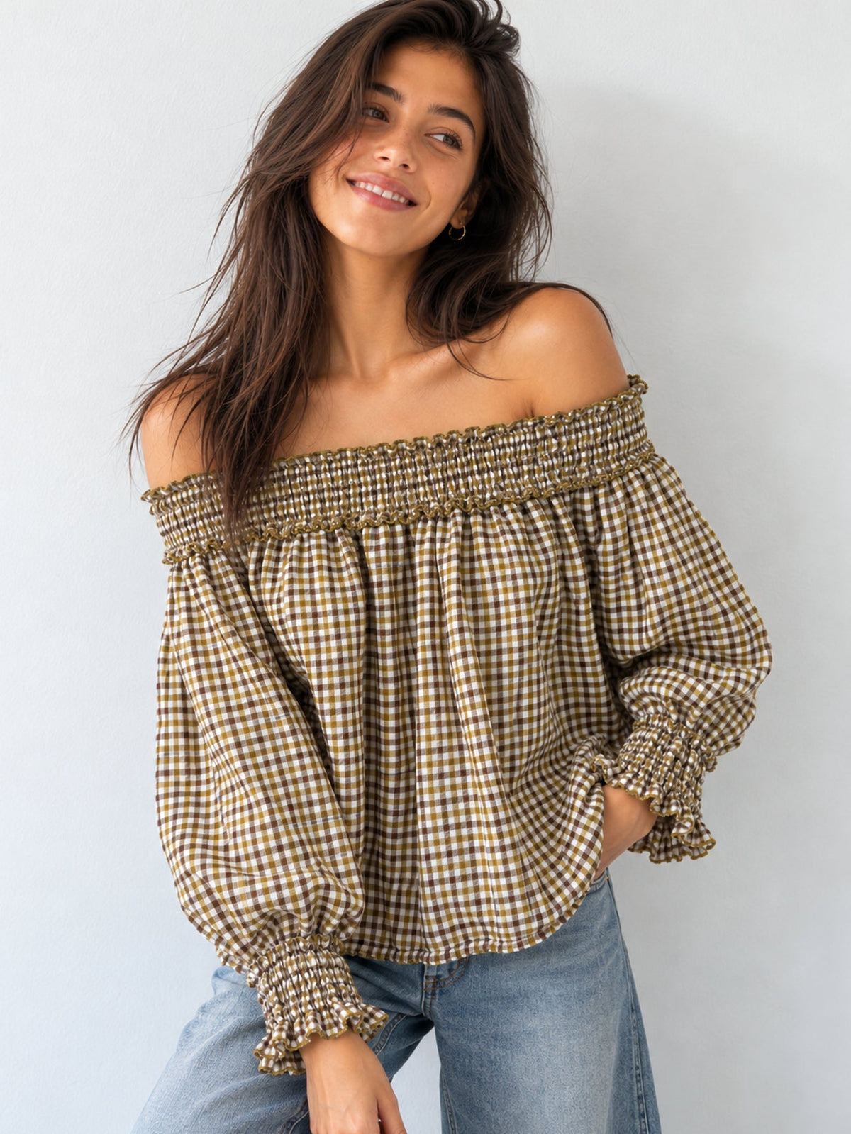 Blouse vichy moutarde à épaules dénudées