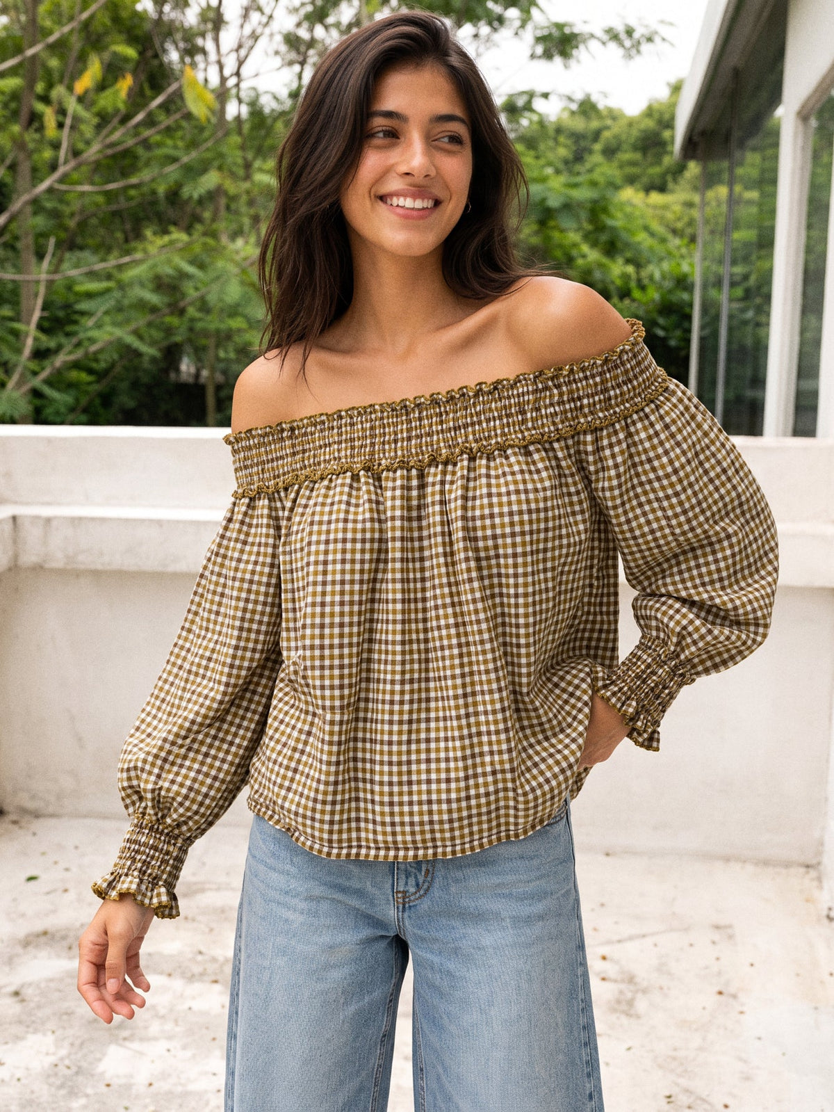 Blouse à carreaux moutarde manches longues