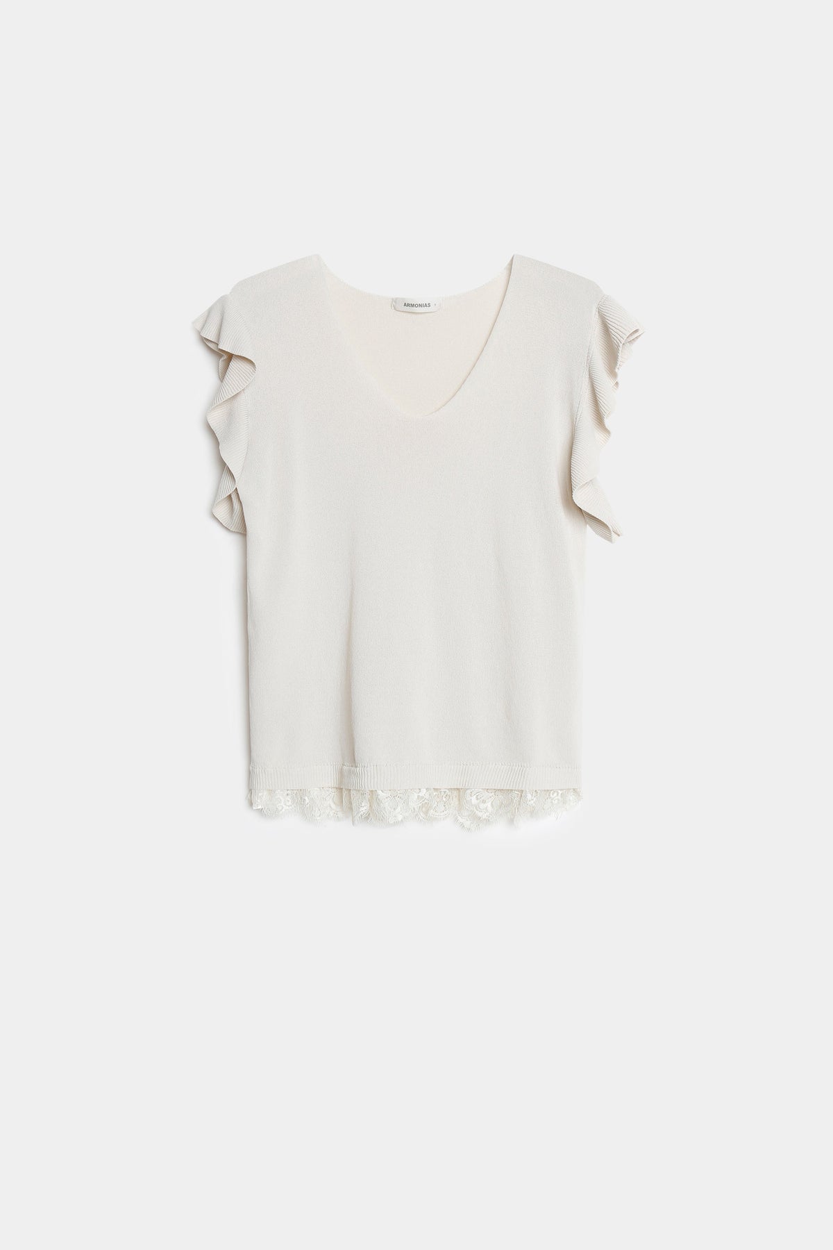 Blouse blanche à col V, volants et dentelle à l’ourlet, vue produit de face