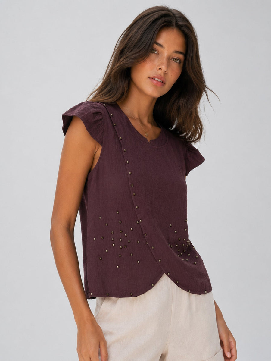 blouse prune croisée à clous manches volantées