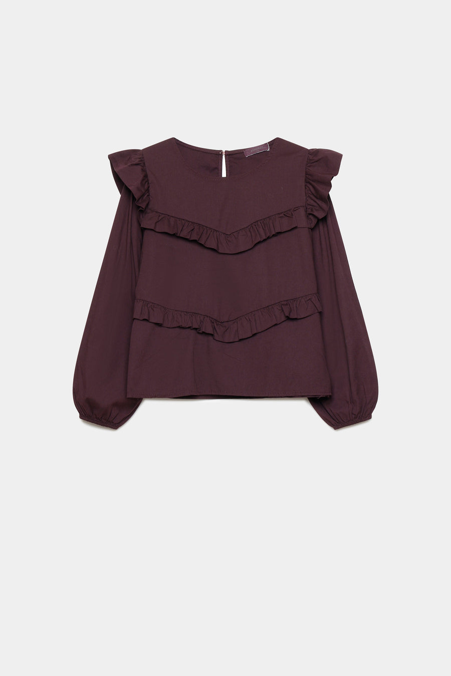 blouse à volants prune manches bouffantes