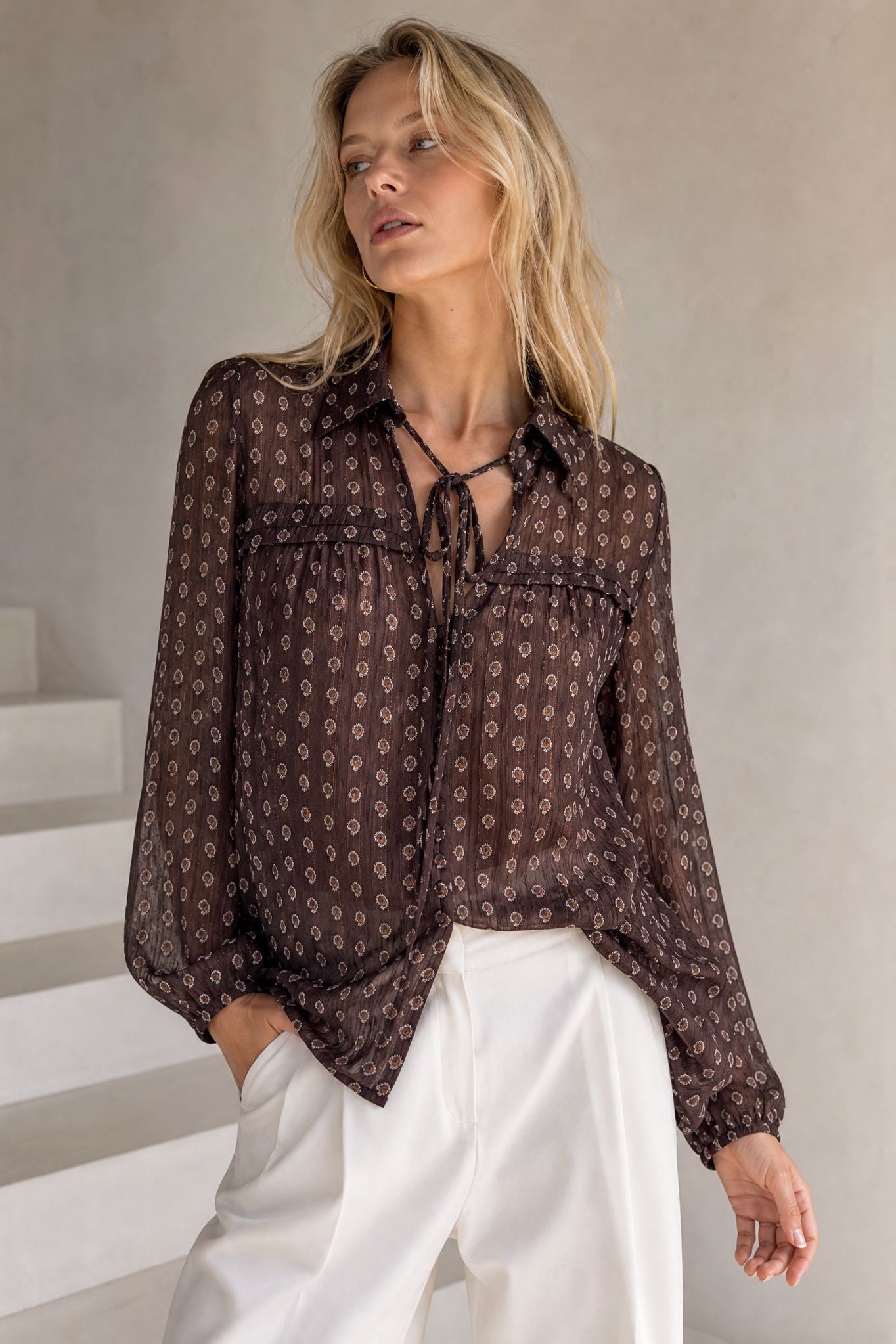 Blouse en voile imprimé cachemire à liens