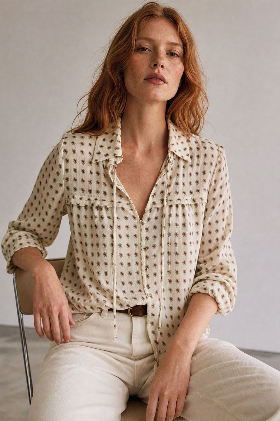 Blouse en voile imprimé cachemire à liens