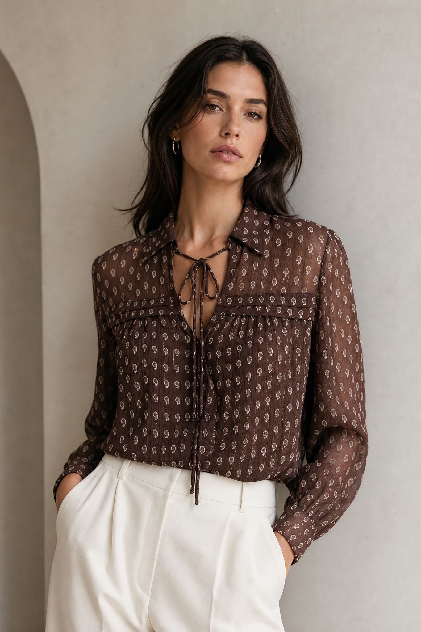 Blouse en voile imprimé cachemire à liens