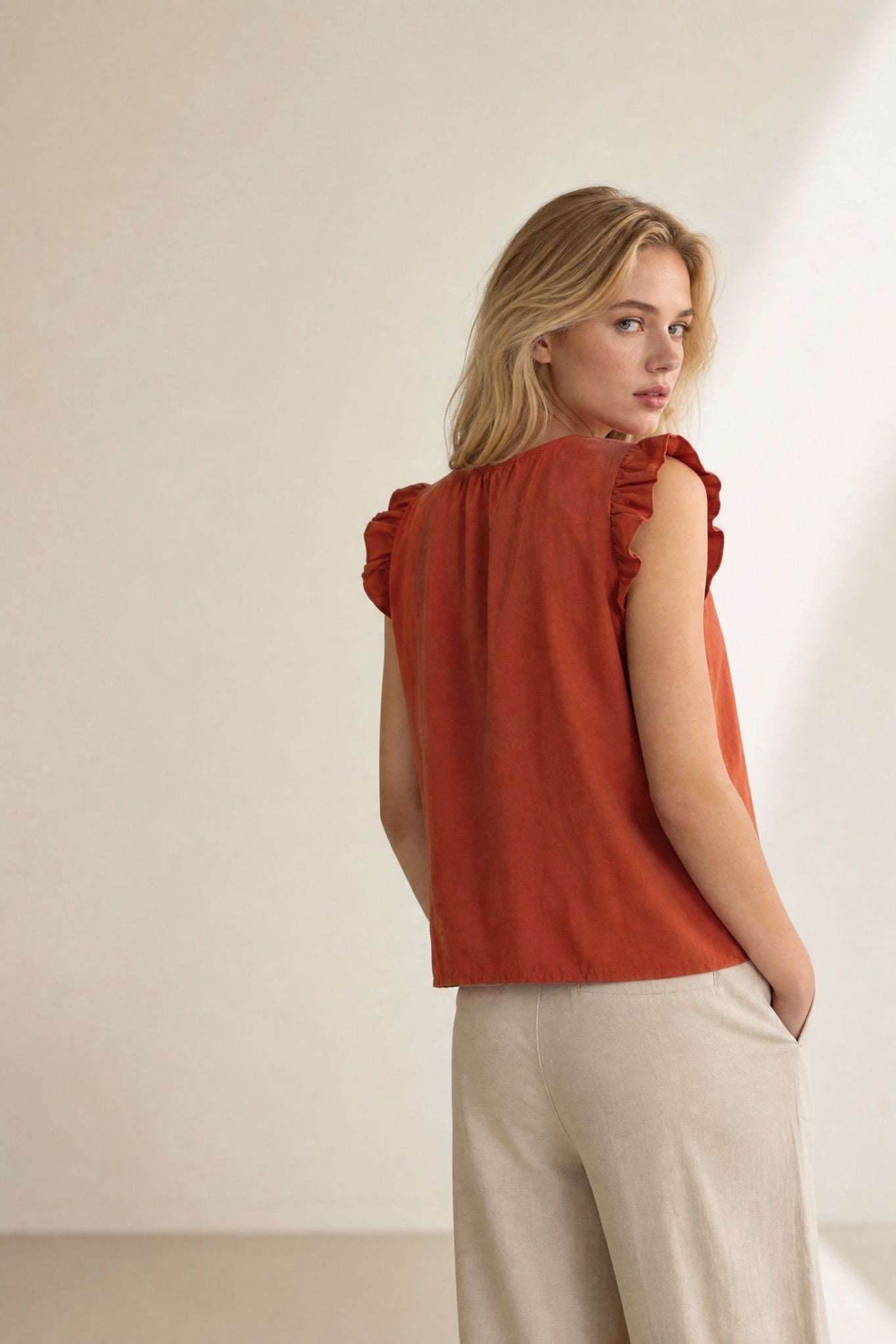 blouse volants terracotta trois quarts