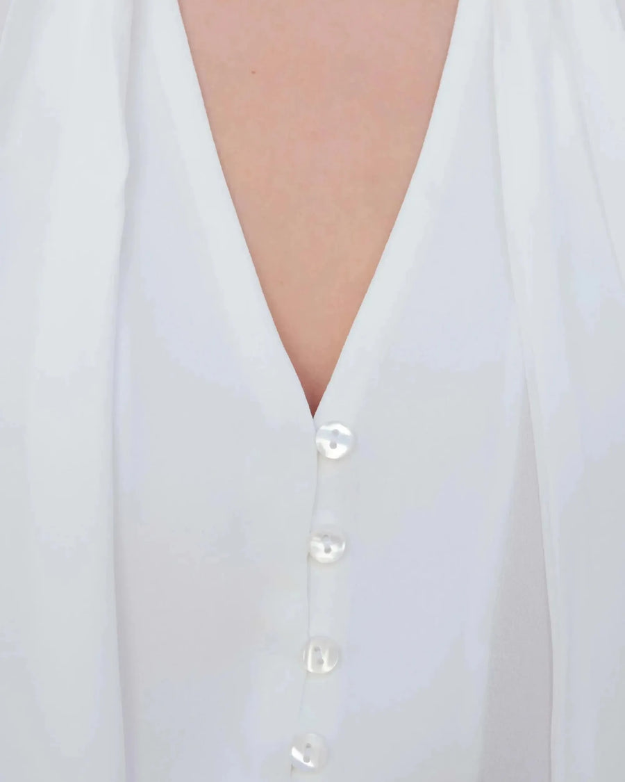 Blouse fluide élégante blanche à nouer avec boutons perles, livraison rapide