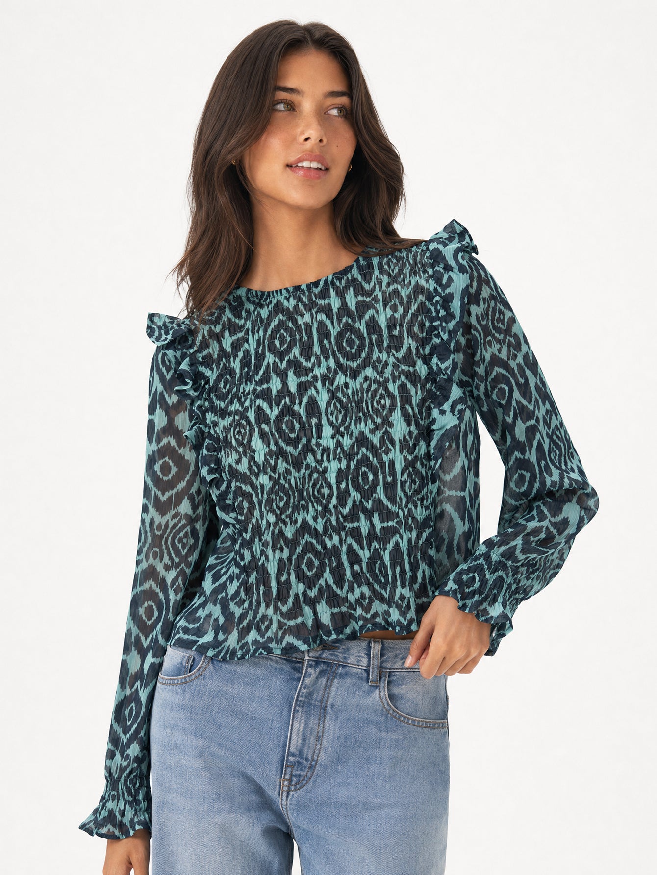 blouse ikat volantée bleu nuit face
