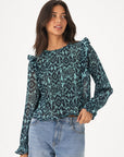 blouse ikat volantée bleu nuit face