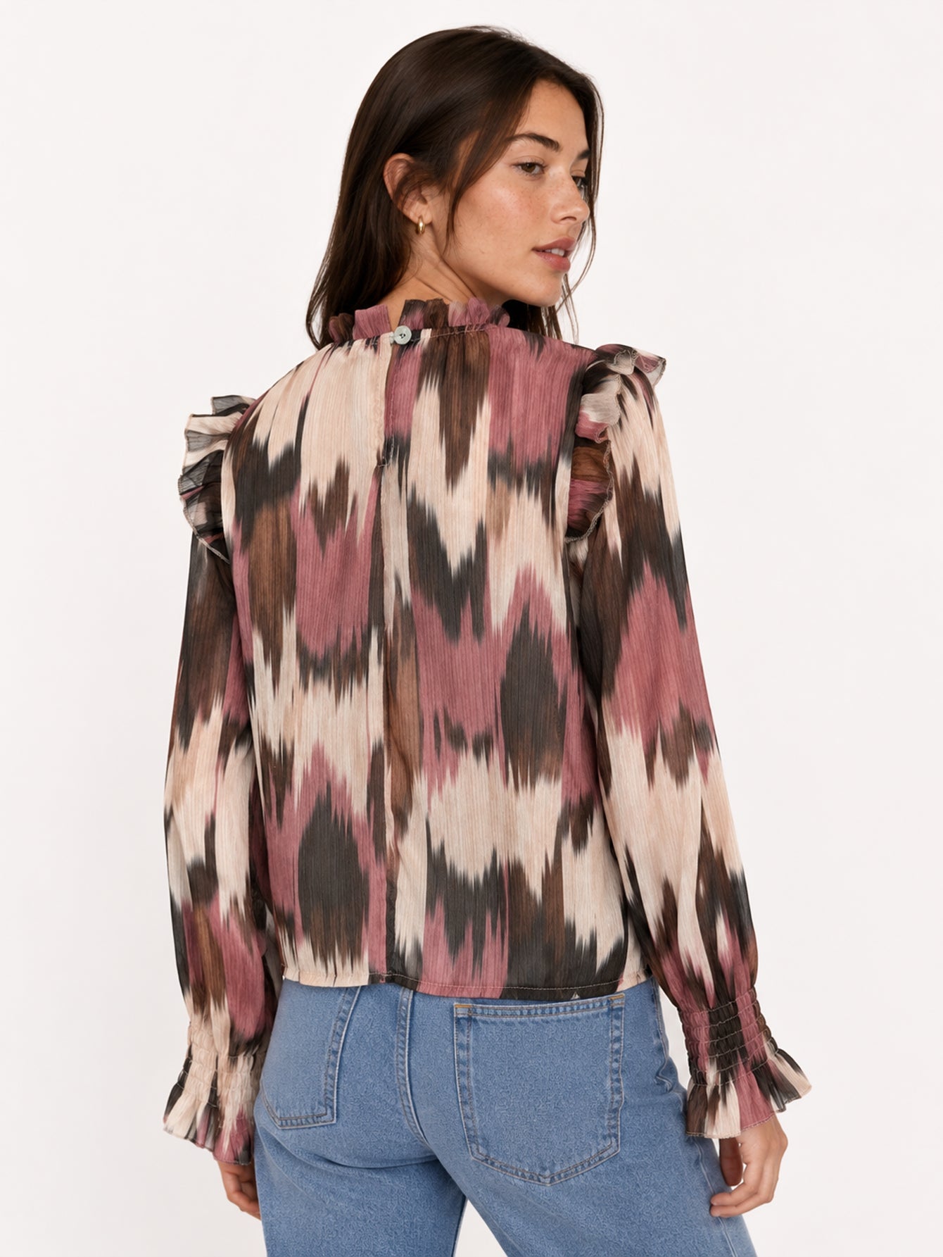 Dos blouse imprimée bouton et volants