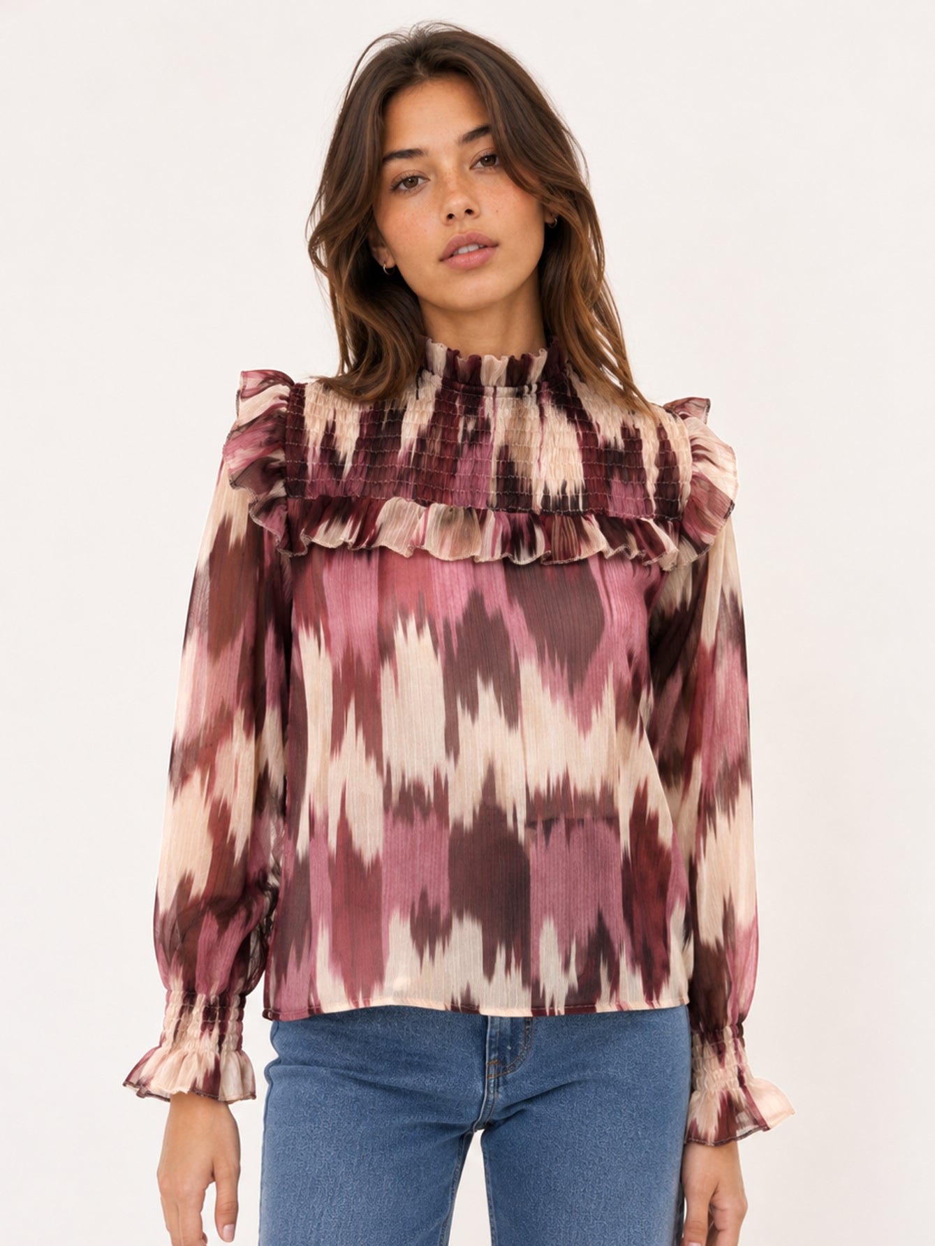 blouse bordeaux imprimée volants
