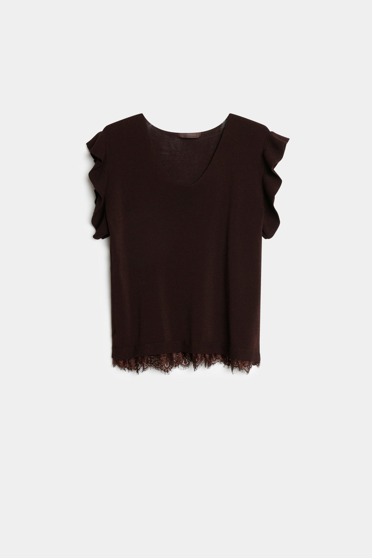 Blouse marron à col V, volants et ourlet en dentelle, vue produit de face