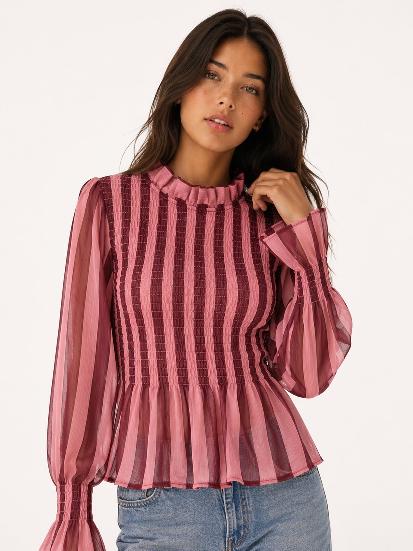 Blouse rayée bordeaux smockée