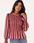 Blouse rayée bordeaux smockée