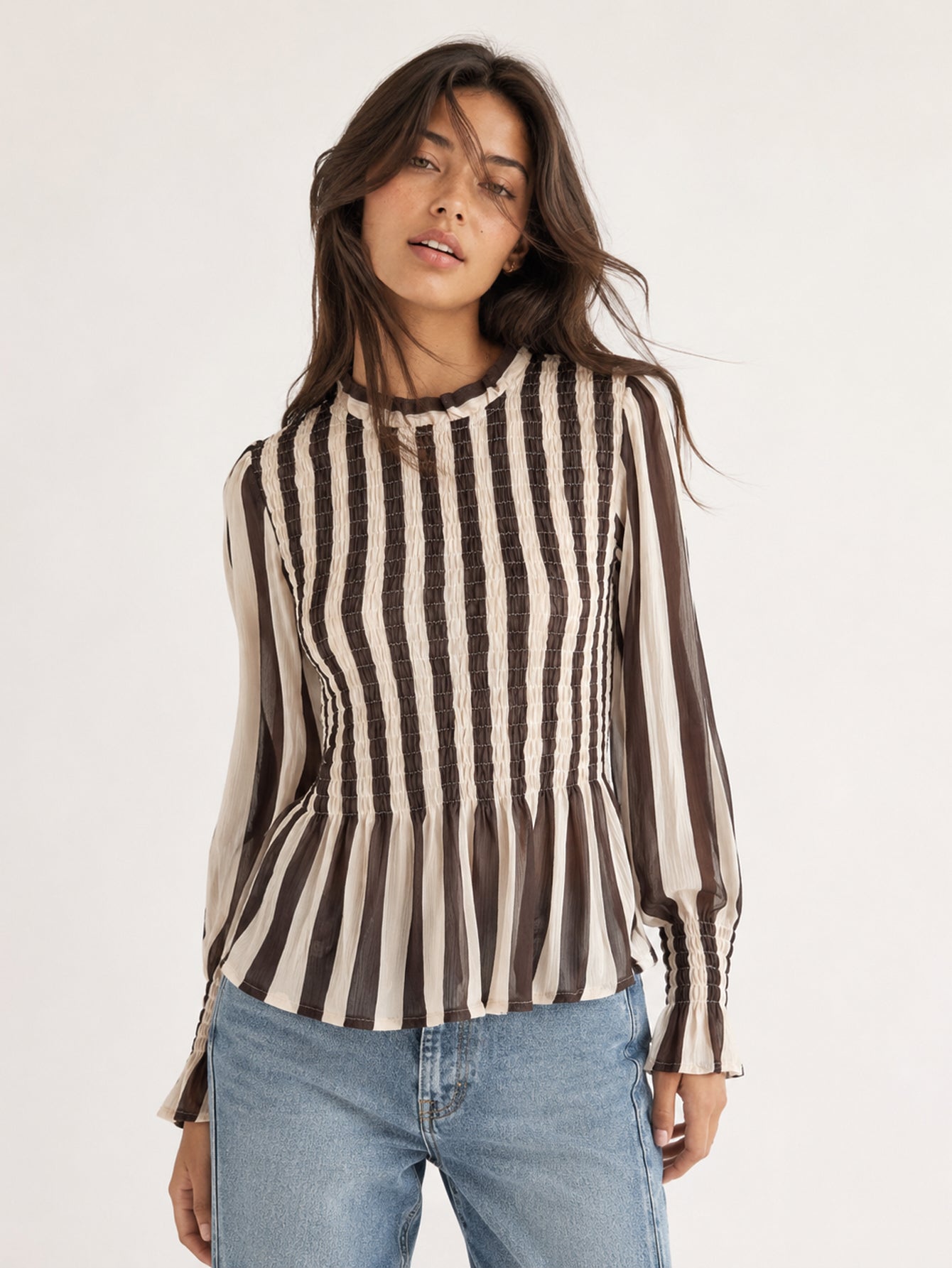 Blouse peplum rayée écru et marron