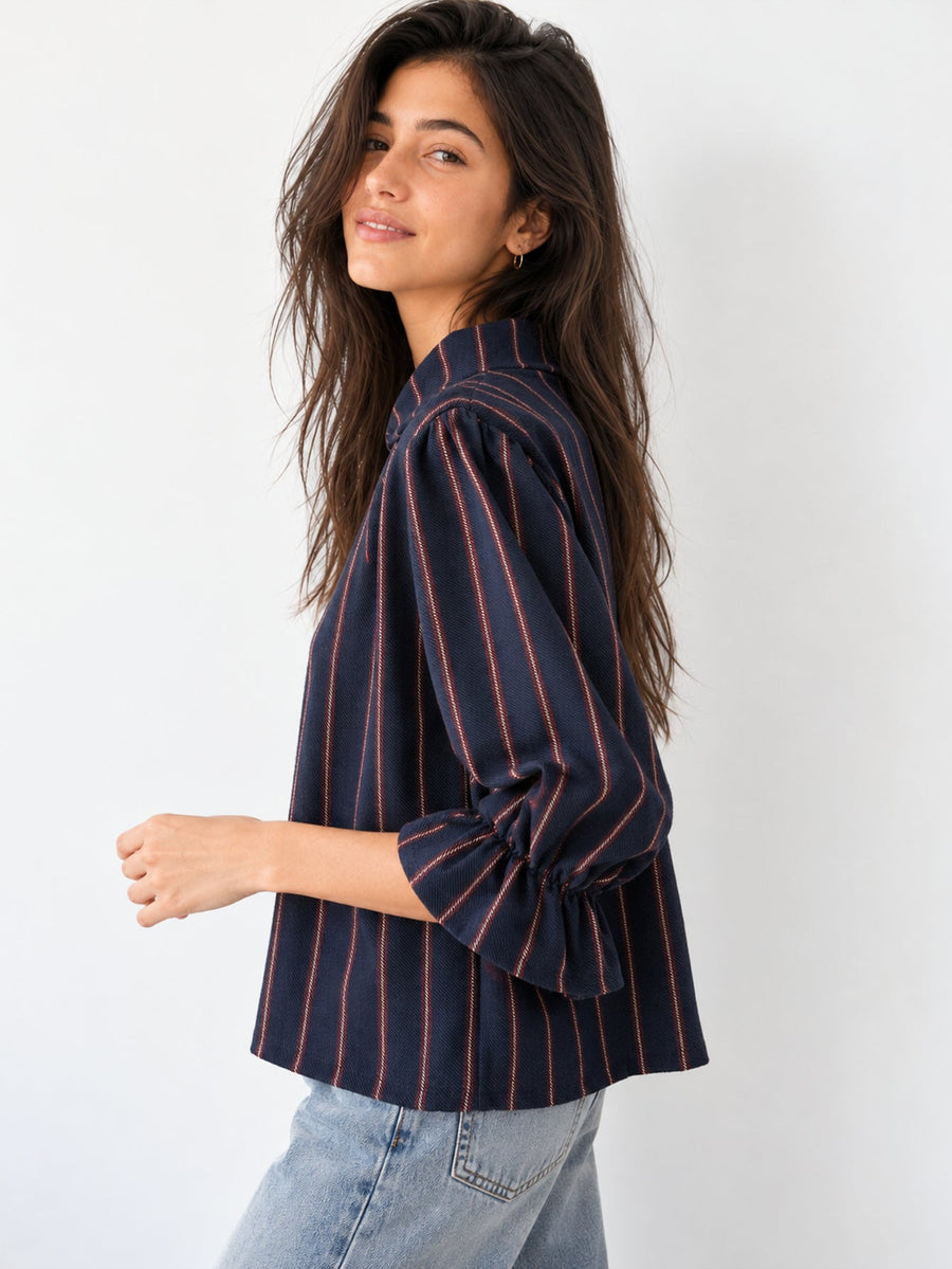 blouse bleu nuit rayée à col torsadé