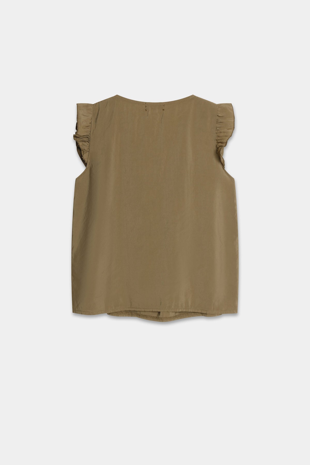 Blouse vert olive fluide à volants, vue à plat de dos