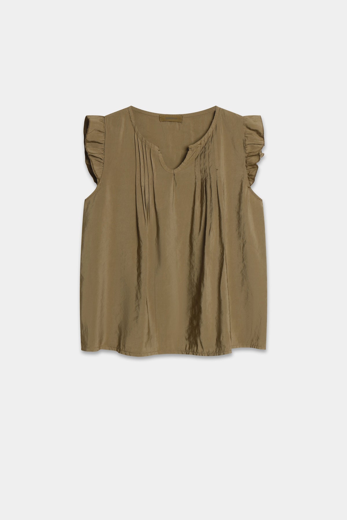 Blouse vert olive à volants aux épaules, vue à plat de face