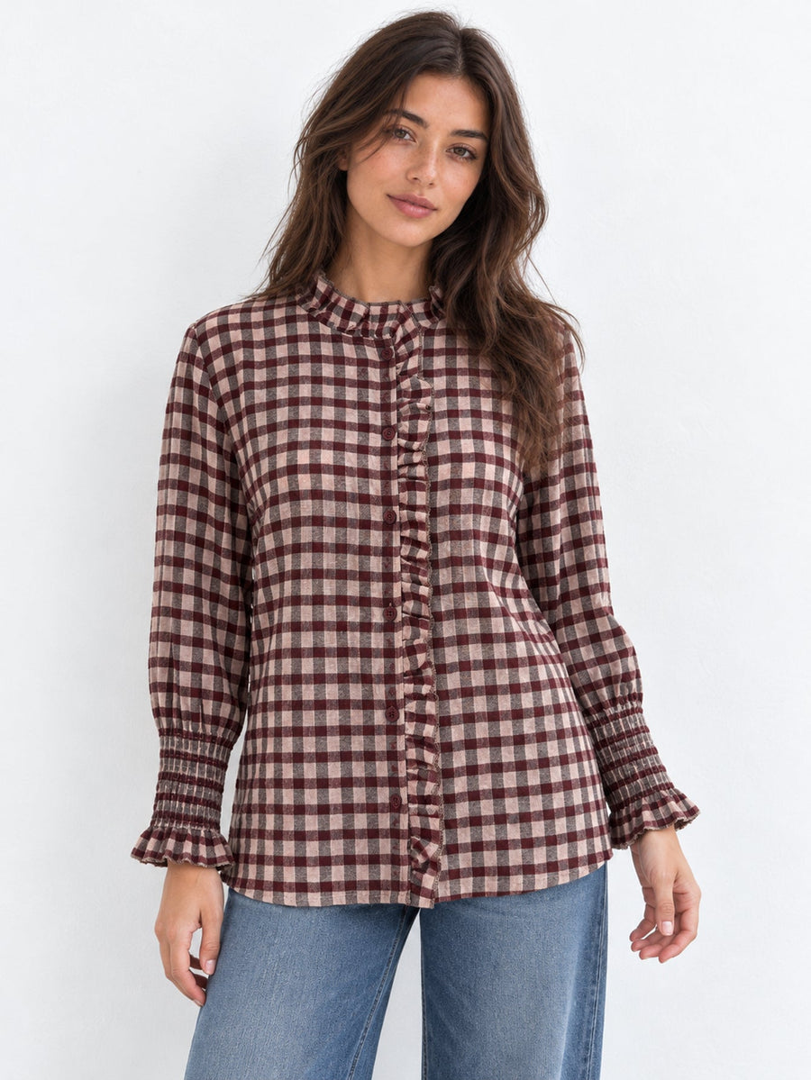 blouse vichy bordeaux col volanté