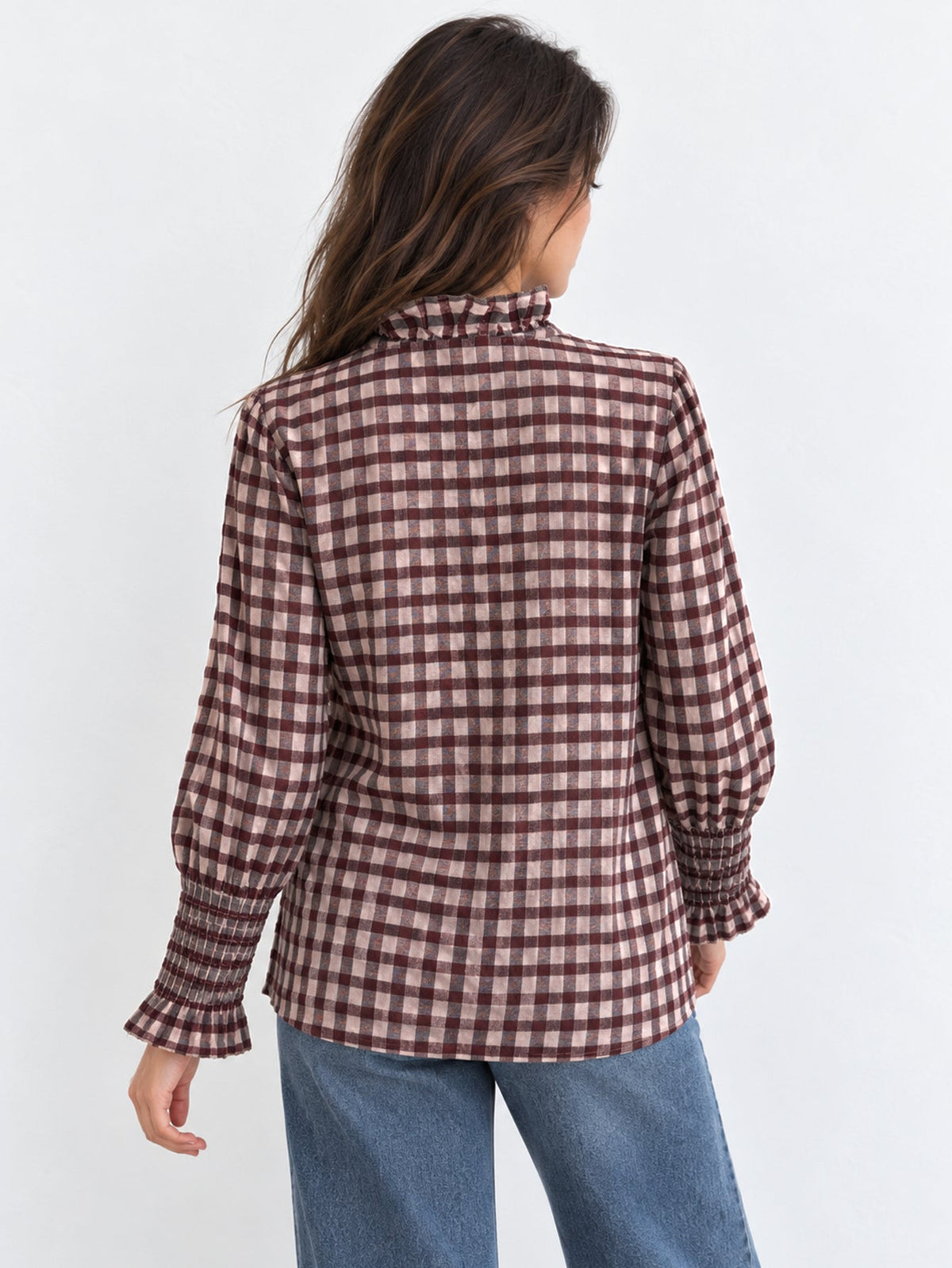 Face blouse vichy bordeaux manches longues