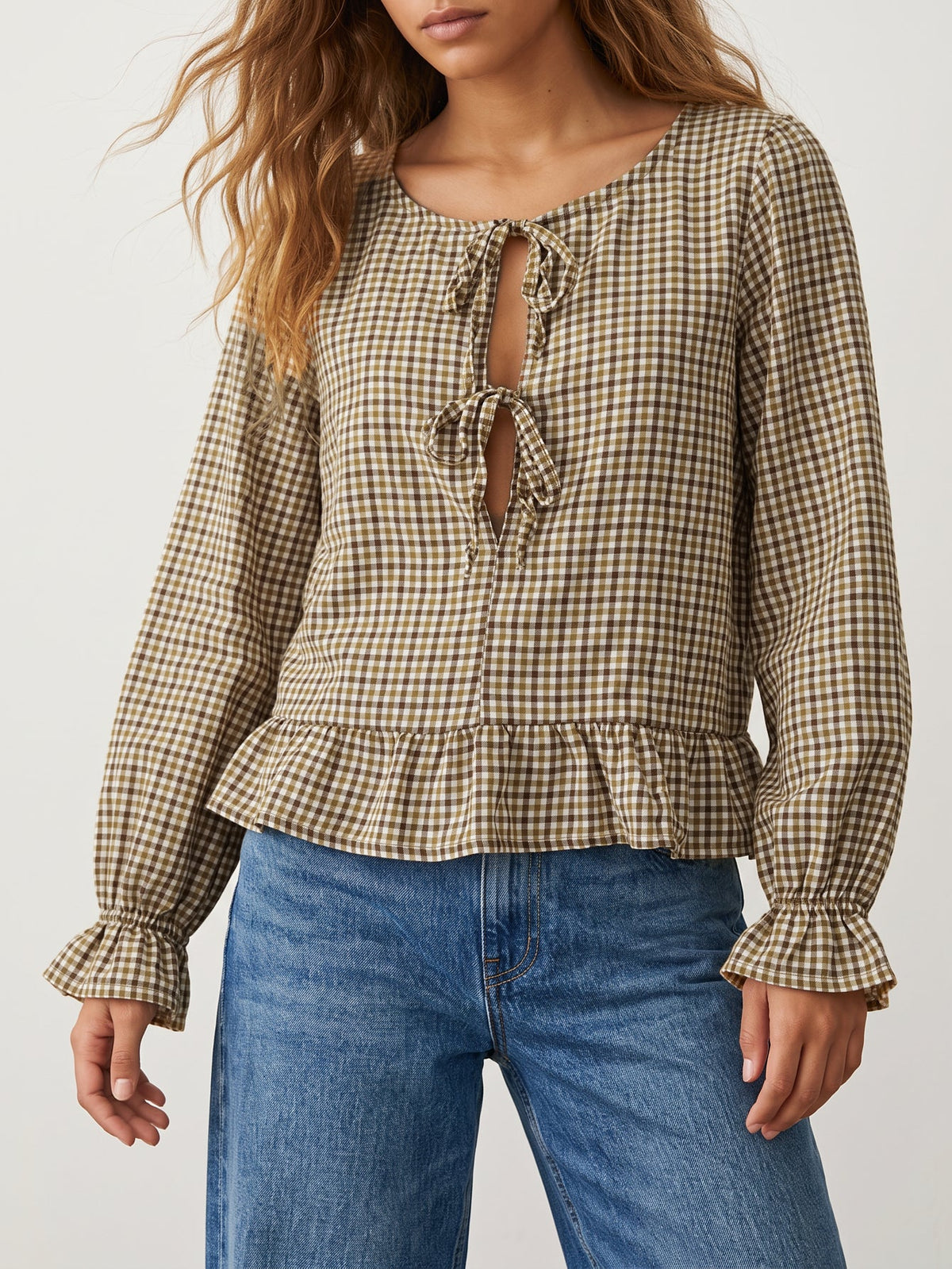 Blouse vichy coloris moutarde avec liens devant