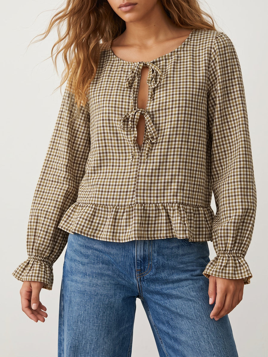 Blouse vichy coloris moutarde avec liens devant