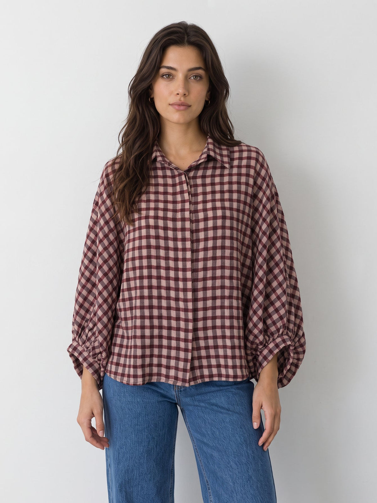 blouse vichy bordeaux manches bouffantes