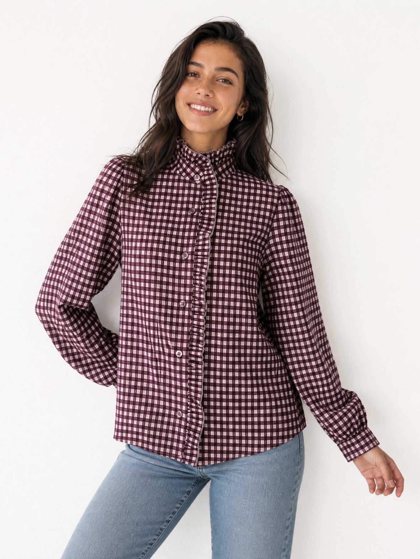 blouse vichy portée col volanté