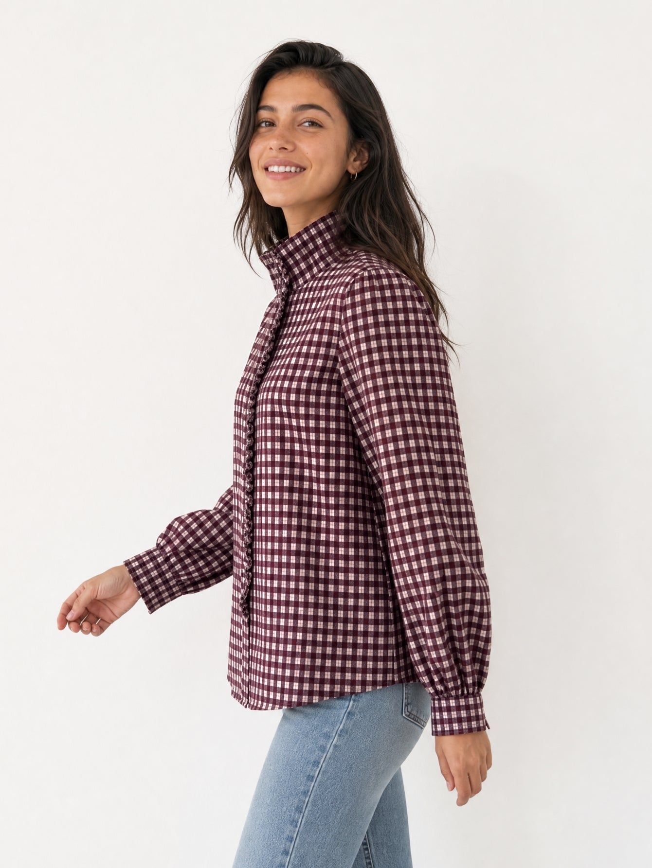 blouse vichy prune col volanté