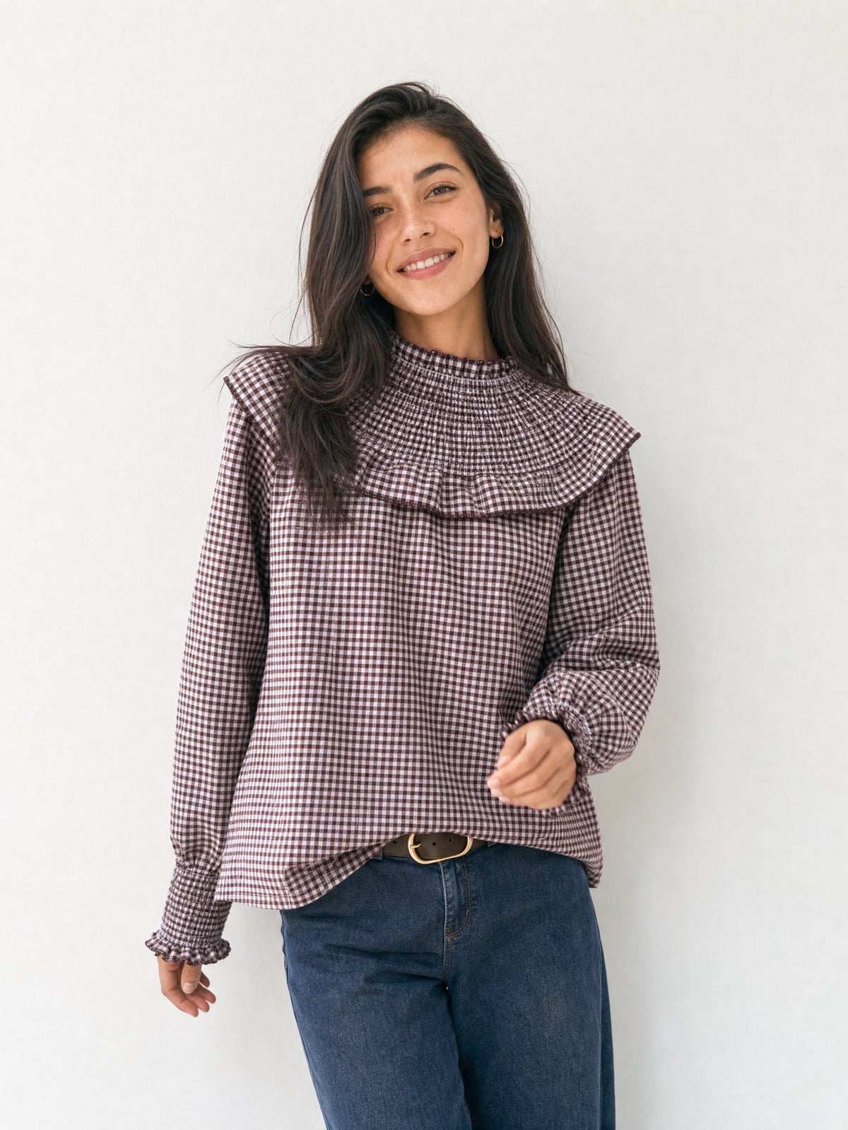 Blouse vichy marron avec pantalon assorti