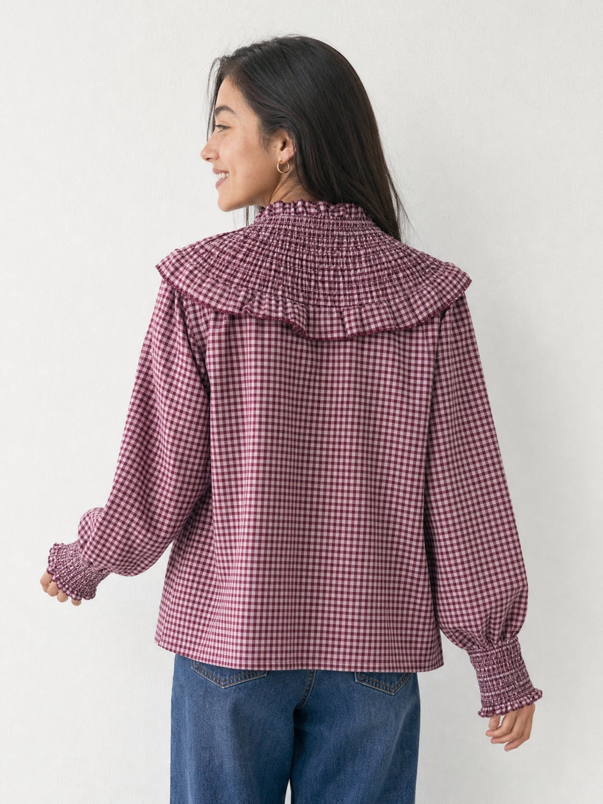 Dos blouse vichy col smocké bordeaux