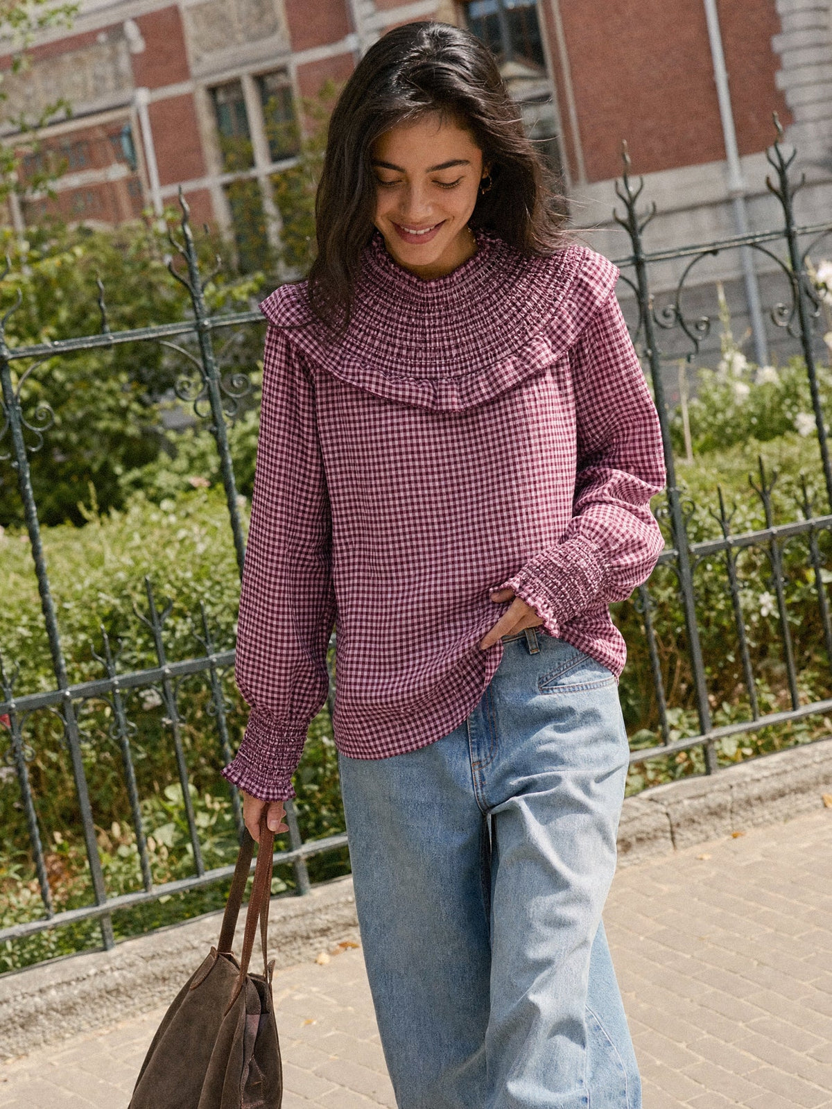 Blouse vichy manches longues et poignets smockés