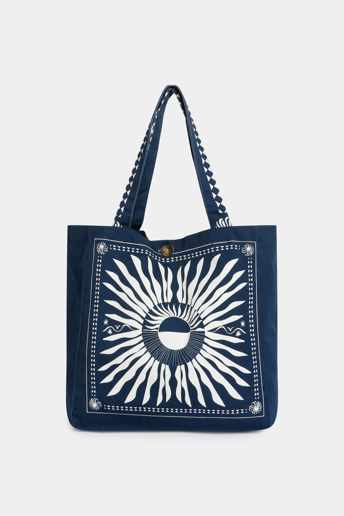 Cabas bleu nuit en toile à grand motif soleil écru et anses imprimées, vue de face